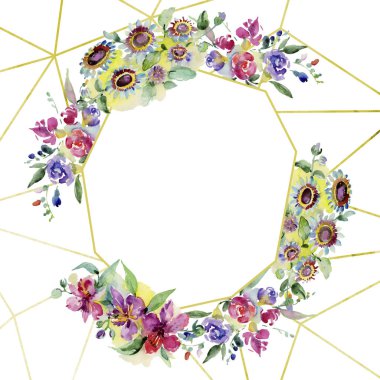 Buketler botanik çiçek. Vahşi bahar yaprak izole kır çiçeği. Suluboya arka plan illüstrasyon küme. Suluboya çizim moda aquarelle izole. Çerçeve kenarlığı süsleme Meydanı.