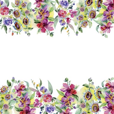 Buketler botanik çiçek. Vahşi bahar yaprak izole kır çiçeği. Suluboya arka plan illüstrasyon küme. Suluboya çizim moda aquarelle izole. Çerçeve kenarlığı süsleme Meydanı.