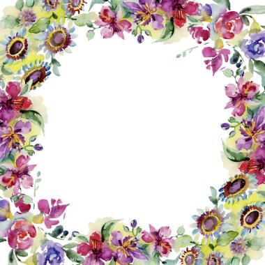 Buketler botanik çiçek. Vahşi bahar yaprak izole kır çiçeği. Suluboya arka plan illüstrasyon küme. Suluboya çizim moda aquarelle izole. Çerçeve kenarlığı süsleme Meydanı.