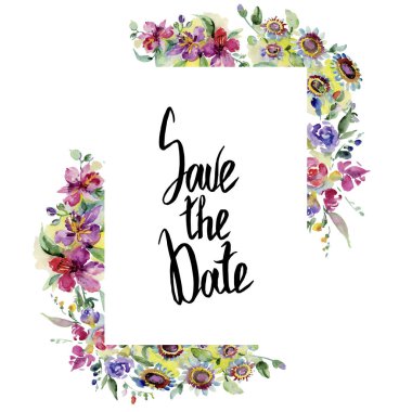 Buketler botanik çiçek. Vahşi bahar yaprak izole kır çiçeği. Suluboya arka plan illüstrasyon küme. Suluboya çizim moda aquarelle izole. Çerçeve kenarlığı süsleme Meydanı.