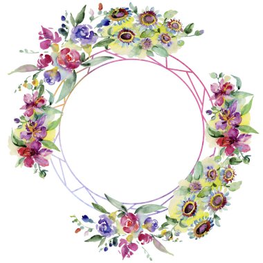 Buketler botanik çiçek. Vahşi bahar yaprak izole kır çiçeği. Suluboya arka plan illüstrasyon küme. Suluboya çizim moda aquarelle izole. Çerçeve kenarlığı süsleme Meydanı.