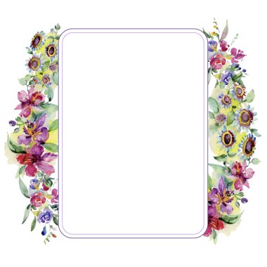 Buketler botanik çiçek. Vahşi bahar yaprak izole kır çiçeği. Suluboya arka plan illüstrasyon küme. Suluboya çizim moda aquarelle izole. Çerçeve kenarlığı süsleme Meydanı.