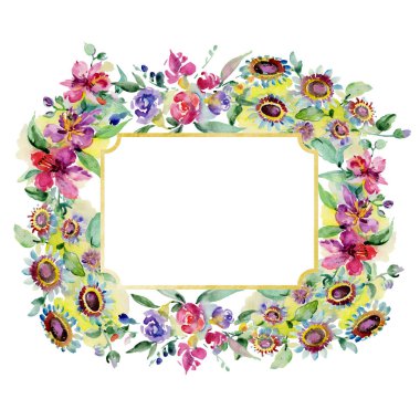 Buketler botanik çiçek. Vahşi bahar yaprak izole kır çiçeği. Suluboya arka plan illüstrasyon küme. Suluboya çizim moda aquarelle izole. Çerçeve kenarlığı süsleme Meydanı.