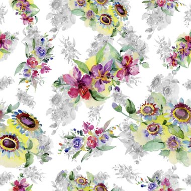 Buketler botanik çiçek. Vahşi bahar yaprak izole. Suluboya arka plan illüstrasyon küme. Suluboya çizim moda aquarelle. Sorunsuz arka plan deseni. Kumaş duvar kağıdı yazdırma doku.