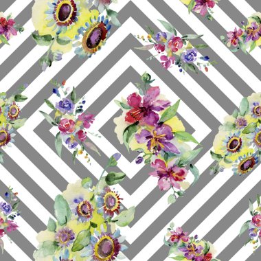 Buketler botanik çiçek. Vahşi bahar yaprak izole. Suluboya arka plan illüstrasyon küme. Suluboya çizim moda aquarelle. Sorunsuz arka plan deseni. Kumaş duvar kağıdı yazdırma doku.