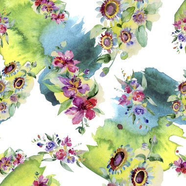 Buketler botanik çiçek. Vahşi bahar yaprak izole. Suluboya arka plan illüstrasyon küme. Suluboya çizim moda aquarelle. Sorunsuz arka plan deseni. Kumaş duvar kağıdı yazdırma doku.