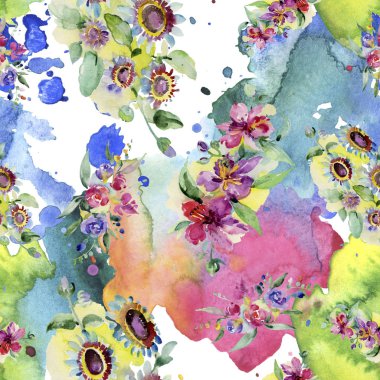 Buketler botanik çiçek. Vahşi bahar yaprak izole. Suluboya arka plan illüstrasyon küme. Suluboya çizim moda aquarelle. Sorunsuz arka plan deseni. Kumaş duvar kağıdı yazdırma doku.
