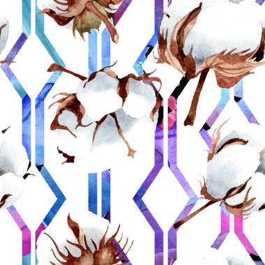 Pamuk botanik çiçek. Vahşi bahar yaprak izole. Suluboya resim kümesi. Suluboya çizim moda aquarelle izole. Sorunsuz arka plan deseni. Kumaş duvar kağıdı yazdırma doku.