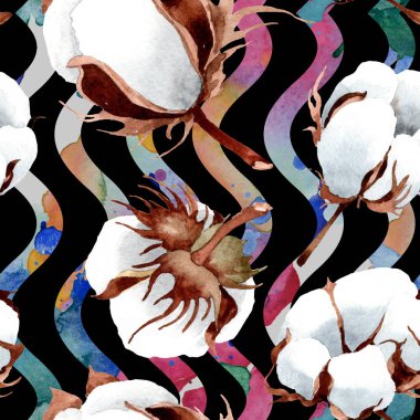 Pamuk botanik çiçek. Vahşi bahar yaprak izole. Suluboya resim kümesi. Suluboya çizim moda aquarelle izole. Sorunsuz arka plan deseni. Kumaş duvar kağıdı yazdırma doku.