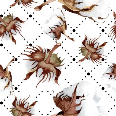 Pamuk botanik çiçek. Vahşi bahar yaprak izole. Suluboya resim kümesi. Suluboya çizim moda aquarelle izole. Sorunsuz arka plan deseni. Kumaş duvar kağıdı yazdırma doku.