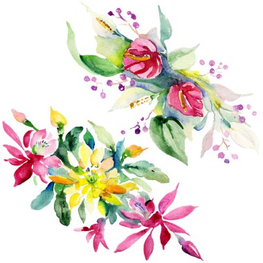 Kırmızı, sarı ve turuncu botanik çiçek buketleri. Vahşi bahar yaprak izole. Suluboya arka plan ayarlamak. Suluboya çizim moda aquarelle. İzole buket illüstrasyon öğesi.