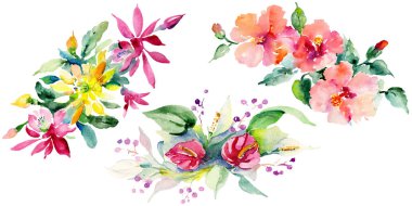 Kırmızı, sarı ve turuncu botanik çiçek buketleri. Vahşi bahar yaprak izole. Suluboya arka plan ayarlamak. Suluboya çizim moda aquarelle. İzole buket illüstrasyon öğesi.