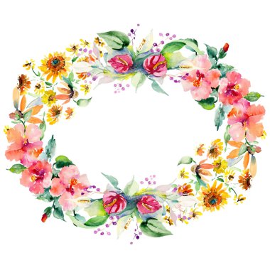Kırmızı, sarı ve turuncu botanik çiçek buketleri. Vahşi bahar yaprak izole. Suluboya arka plan illüstrasyon küme. Suluboya çizim moda aquarelle. Çerçeve kenarlığı süsleme Meydanı.