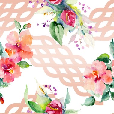 Kırmızı, sarı ve turuncu botanik çiçek buketleri. Suluboya arka plan illüstrasyon küme. Suluboya çizim aquarelle. Sorunsuz arka plan deseni. Kumaş duvar kağıdı yazdırma doku.