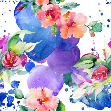 Kırmızı, sarı ve turuncu botanik çiçek buketleri. Suluboya arka plan illüstrasyon küme. Suluboya çizim aquarelle. Sorunsuz arka plan deseni. Kumaş duvar kağıdı yazdırma doku.