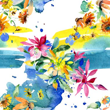 Kırmızı, sarı ve turuncu botanik çiçek buketleri. Suluboya arka plan illüstrasyon küme. Suluboya çizim aquarelle. Sorunsuz arka plan deseni. Kumaş duvar kağıdı yazdırma doku.