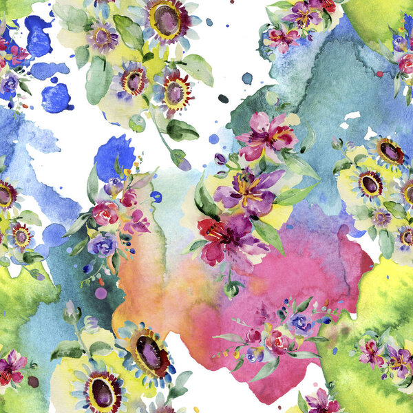 Букет цветочный ботанический цветок. Дикий весенний лист изолирован. Набор акварельных фонов. Акварель для рисования акварелью. Бесшовный рисунок фона. Текстура ткани для печати обоев
.
