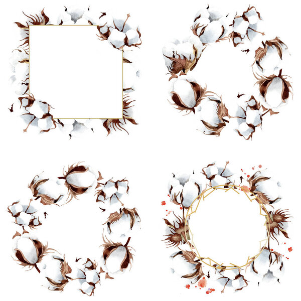 Cotton floral botanical flower. Wild spring leaf wildflower isolated. Watercolor background illustration set. Watercolour drawing fashion aquarelle isolated. Frame border ornament square.