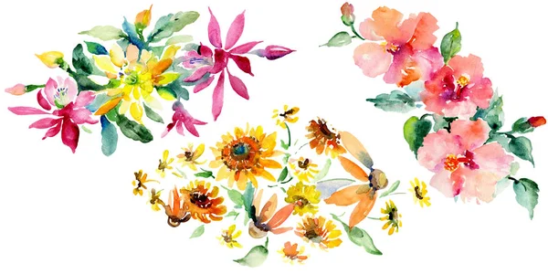 オレンジの花植物花の花束 野生春葉が分離されました 水彩画背景セット 水彩描画ファッション Aquarelle 孤立した花束の図要素 — ストック写真