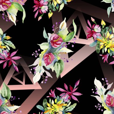 Kırmızı, sarı ve turuncu botanik çiçek buketleri. Suluboya arka plan illüstrasyon küme. Suluboya çizim aquarelle. Sorunsuz arka plan deseni. Kumaş duvar kağıdı yazdırma doku.