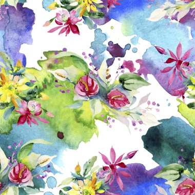 Kırmızı, sarı ve turuncu botanik çiçek buketleri. Suluboya arka plan illüstrasyon küme. Suluboya çizim aquarelle. Sorunsuz arka plan deseni. Kumaş duvar kağıdı yazdırma doku.