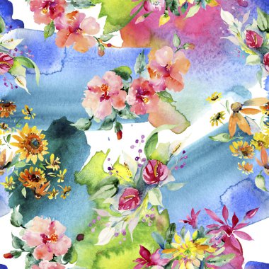 Kırmızı, sarı ve turuncu botanik çiçek buketleri. Suluboya arka plan illüstrasyon küme. Suluboya çizim aquarelle. Sorunsuz arka plan deseni. Kumaş duvar kağıdı yazdırma doku.