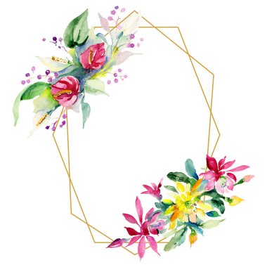 Kırmızı, sarı ve turuncu botanik çiçek buketleri. Vahşi bahar yaprak izole. Suluboya arka plan illüstrasyon küme. Suluboya çizim moda aquarelle. Çerçeve kenarlığı süsleme Meydanı.