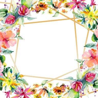 Kırmızı, sarı ve turuncu botanik çiçek buketleri. Vahşi bahar yaprak izole. Suluboya arka plan illüstrasyon küme. Suluboya çizim moda aquarelle. Çerçeve kenarlığı süsleme Meydanı.