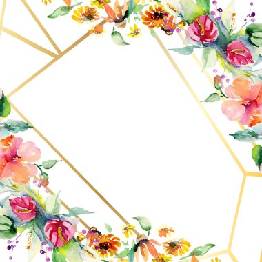 Kırmızı, sarı ve turuncu botanik çiçek buketleri. Vahşi bahar yaprak izole. Suluboya arka plan illüstrasyon küme. Suluboya çizim moda aquarelle. Çerçeve kenarlığı süsleme Meydanı.