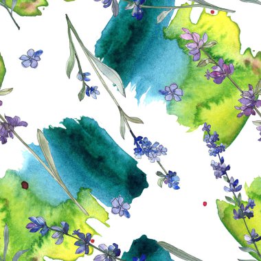 Mor lavanta botanik çiçek. Vahşi bahar yaprak kır çiçeği. Suluboya resim kümesi. Suluboya çizim moda aquarelle izole. Sorunsuz arka plan deseni. Kumaş duvar kağıdı yazdırma doku.