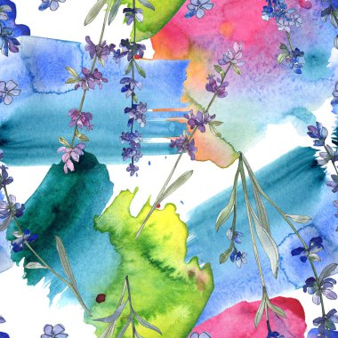 Mor lavanta botanik çiçek. Vahşi bahar yaprak kır çiçeği. Suluboya resim kümesi. Suluboya çizim moda aquarelle izole. Sorunsuz arka plan deseni. Kumaş duvar kağıdı yazdırma doku.