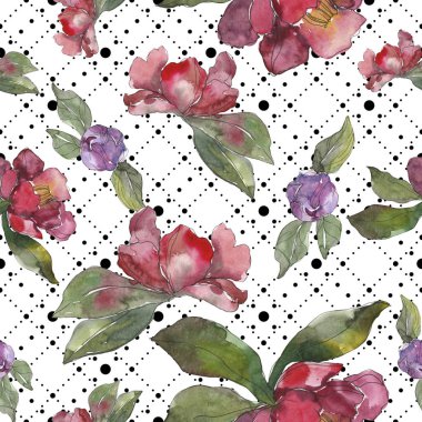 Kamelya kırmızı ve mor çiçekler. Suluboya resim kümesi. Sorunsuz arka plan deseni. Kumaş duvar kağıdı yazdırma doku.