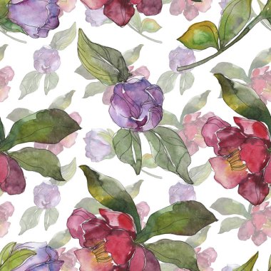 Kamelya kırmızı ve mor çiçekler. Suluboya resim kümesi. Sorunsuz arka plan deseni. Kumaş duvar kağıdı yazdırma doku.