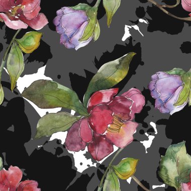 Kamelya kırmızı ve mor çiçekler. Suluboya resim kümesi. Sorunsuz arka plan deseni. Kumaş duvar kağıdı yazdırma doku.
