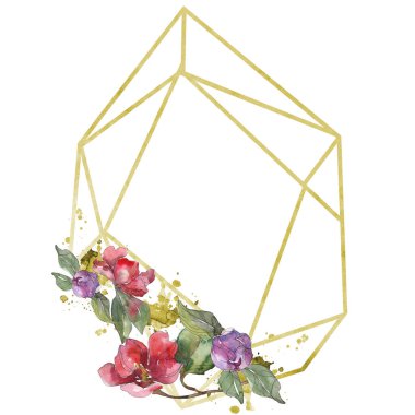 Kamelya kırmızı ve mor çiçekler. Suluboya arka plan illüstrasyon küme. Çerçeve kenarlığı süsleme kopya alanı ile.