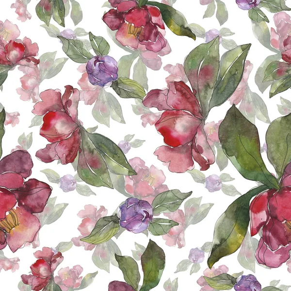 Red Purple Camellia Flowers Watercolor Illustration Set Seamless Background Pattern — Stock Photo, Image