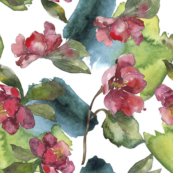 Red Purple Camellia Flowers Watercolor Illustration Set Seamless Background Pattern — Stock Photo, Image