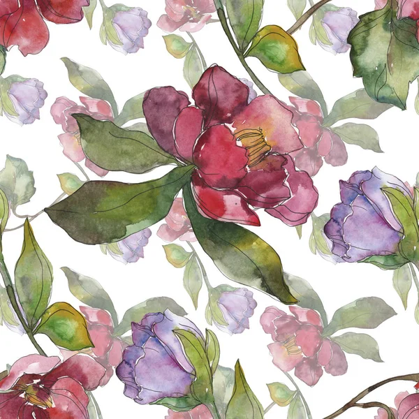 Kamelya kırmızı ve mor çiçekler. Suluboya resim kümesi. Sorunsuz arka plan deseni. Kumaş duvar kağıdı yazdırma doku.
