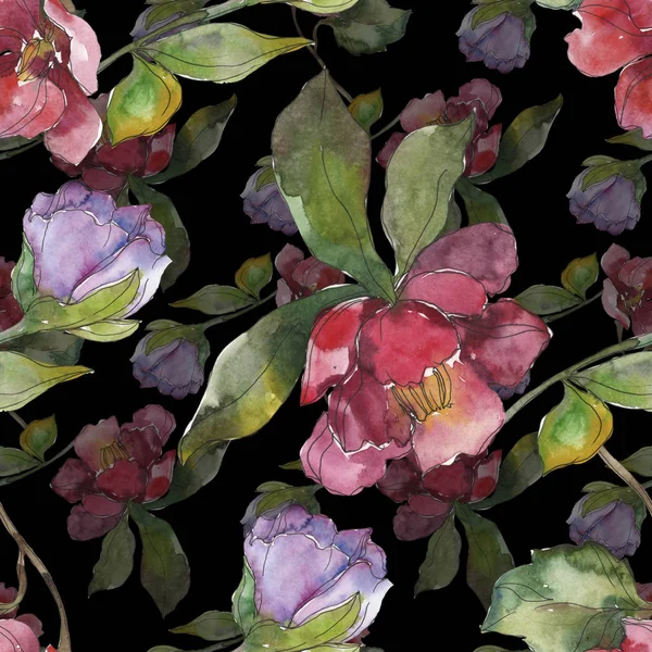 Kamelya Kırmızı Mor Çiçekler Suluboya Resim Kümesi Sorunsuz Arka Plan — Stok fotoğraf
