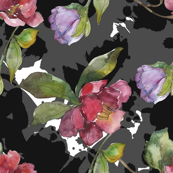 Red Purple Camellia Flowers Watercolor Illustration Set Seamless Background Pattern — Stock Photo, Image