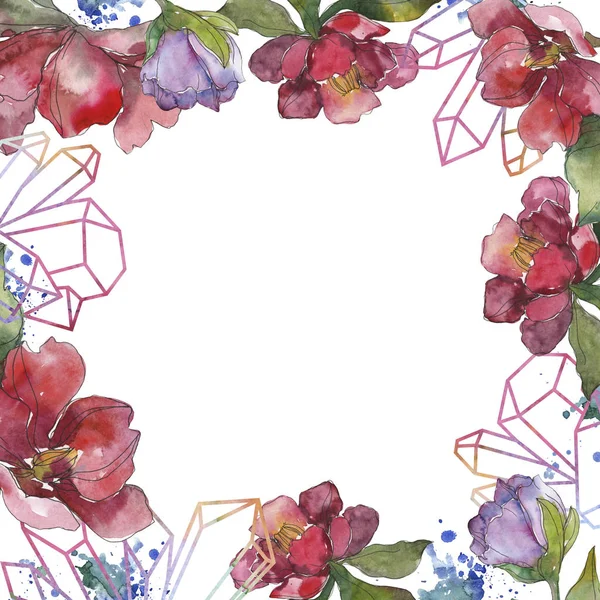 Red Purple Camellia Flowers Watercolor Background Illustration Set Frame Border — Stock Photo, Image