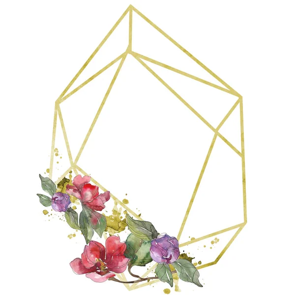 Kamelya kırmızı ve mor çiçekler. Suluboya arka plan illüstrasyon küme. Çerçeve kenarlığı süsleme kopya alanı ile.