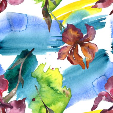 Purplr ahd kırmızı süsen çiçeği. Vahşi bahar yaprak kır çiçeği. Suluboya resim kümesi. Suluboya çizim moda aquarelle izole. Sorunsuz arka plan deseni. Kumaş duvar kağıdı yazdırma doku.