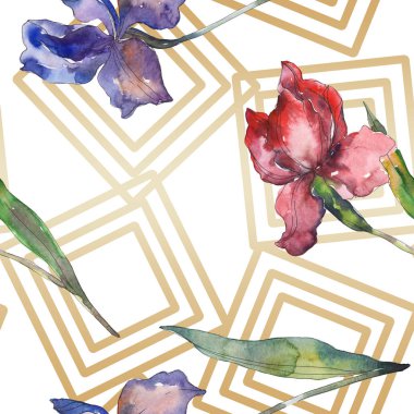 Purplr ahd kırmızı süsen çiçeği. Vahşi bahar yaprak kır çiçeği. Suluboya resim kümesi. Suluboya çizim moda aquarelle izole. Sorunsuz arka plan deseni. Kumaş duvar kağıdı yazdırma doku.