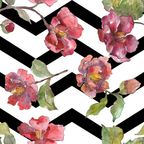 Red peonies watercolor illustration set. Seamless background pattern. Fabric wallpaper print texture.