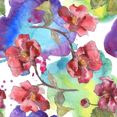 Kırmızı peonies suluboya resim ayarlayın. Sorunsuz arka plan deseni. Kumaş duvar kağıdı yazdırma doku.