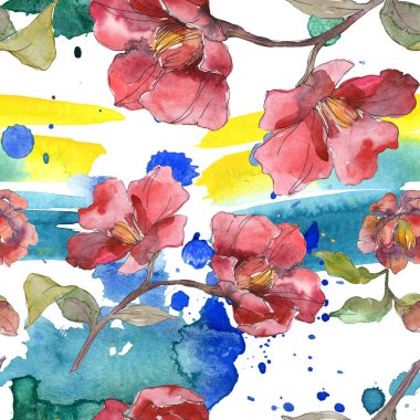 Kırmızı peonies suluboya resim ayarlayın. Sorunsuz arka plan deseni. Kumaş duvar kağıdı yazdırma doku.