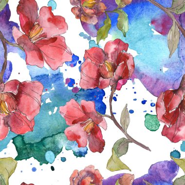 Kırmızı peonies suluboya resim ayarlayın. Sorunsuz arka plan deseni. Kumaş duvar kağıdı yazdırma doku.