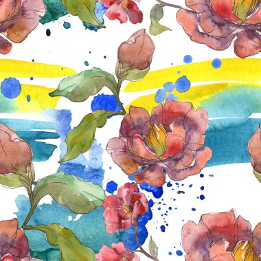 Kırmızı peonies suluboya resim ayarlayın. Sorunsuz arka plan deseni. Kumaş duvar kağıdı yazdırma doku.