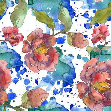 Kırmızı peonies suluboya resim ayarlayın. Sorunsuz arka plan deseni. Kumaş duvar kağıdı yazdırma doku.